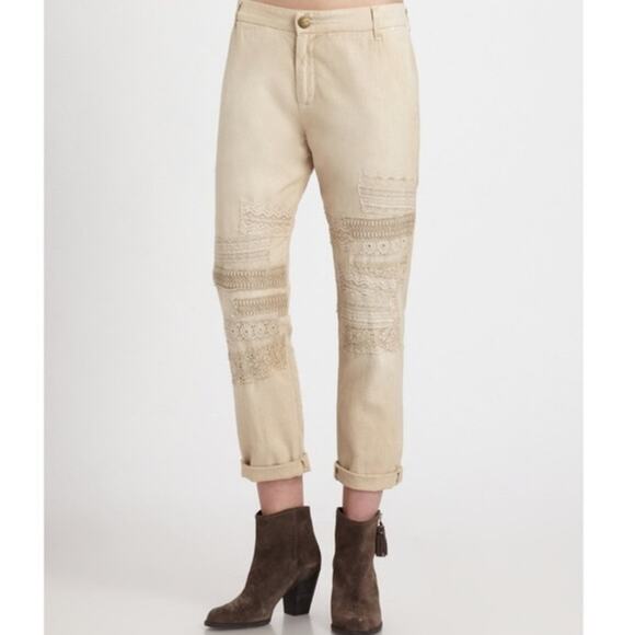 Current Elliott Cropped Buddy Trouser Size 27 Lace Cream Tapered Leg Rolled Hem - Picture 2 of 11